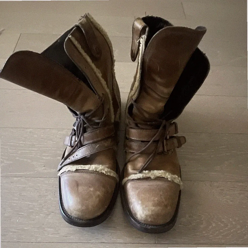 Dolce&Gabbana Brown Shearling Leather Lace Up Men's Ankle Combat Boots