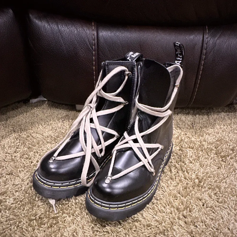 Rick Owens X Dr. Martens Men's Black Leather Combat Boots Lace Up Zipper Accents